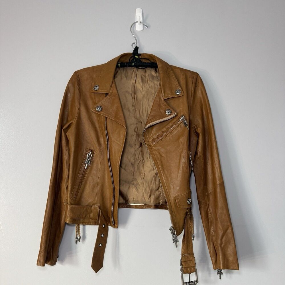Chrome Hearts Belted Leather Moto Lace Up Studded Silver Hardware Brown Jacket